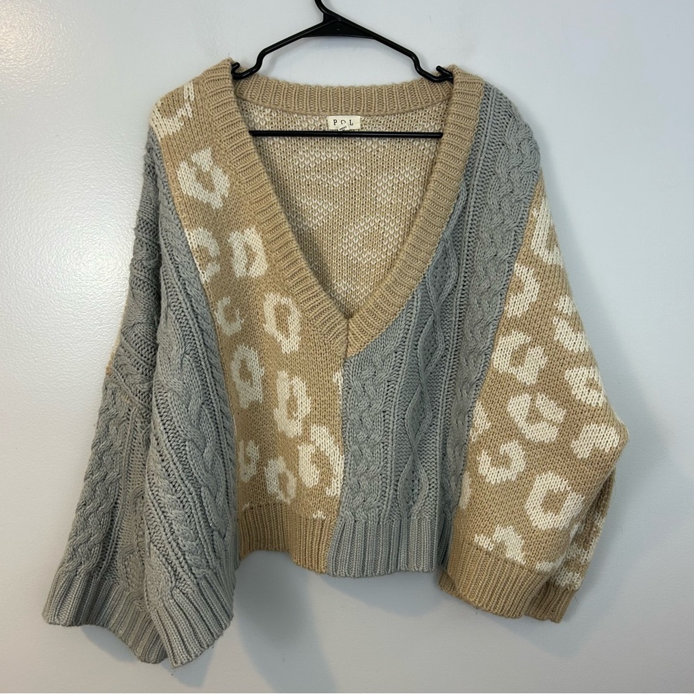 POL Leapard Print/Color Block Cable Knit Deep V-neck Oversized Sweater Size M